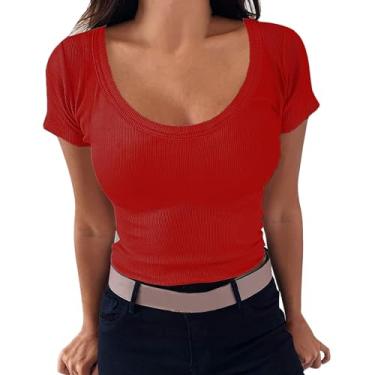 Imagem de Nagub Top feminino de verão com nervuras manga curta gola canoa espartilho slim fit camiseta Y2k roupas para sair 2024, Vermelho, XXG