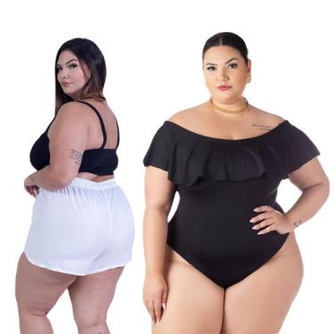 Imagem de Kit Short Feminino Plus Size Saída De Praia + Body Babado Ciganinha Co