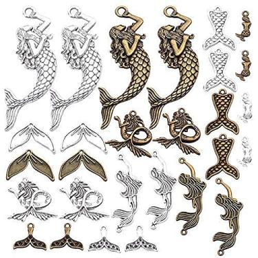 Imagem de 28 pingentes de sereia oceânica, pingentes de peixe antigo, achados para fazer joias, 7 estilos, Metal, Sem Pedra Preciosa