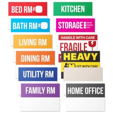 Imagem de 1000 etiquetas de mudança de casa - Ideal para apartamentos de 3 a 5 quartos ou condomínios - 7,6 cm x 5 cm 12 designs de adesivos de mudança codificados por cores com área de gravação, etiqueta