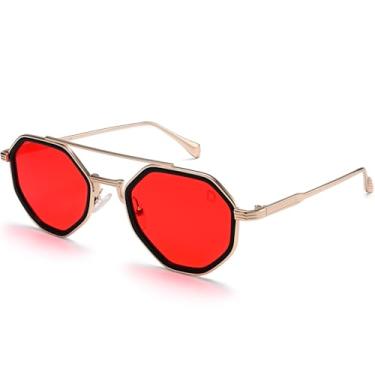 Imagem de Dollger Óculos de sol aviador polarizados masculinos modernos designer hexagonal armação de metal retrô, Armação dourada, lente vermelha, Medium