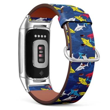 Imagem de Pulseira de couro de substituição para relógio Fitbit Charge 5/Fitbit Charge 6 (Símbolos de tubarão) para smartwatch para mulheres e homens