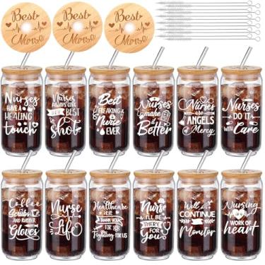 Imagem de Tioncy 12 peças, presentes de agradecimento para mulheres, agradecimento, professora, enfermeira, presentes religiosos, 473 ml, copo de vidro com tampas de bambu, canudos, jarras de café, para colega