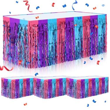 Imagem de Windkream 4 peças de saia de mesa decorações de festa azul, rosa roxo azul ondulado folha folha franjas saias de mesa para decorações de aniversário de sereia, festa temática de verão, decorações de