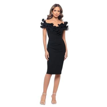 Imagem de Xscape Vestido feminino de crepe com ombros de fora, comprimento até o joelho e babados, Preto, 50