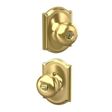 Imagem de Schlage Maçaneta Plymouth F51A PLY 605 CAM com trava de entrada com chave Camelot guarnição, latão brilhante