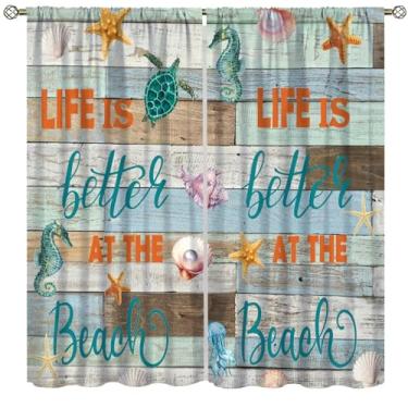 Imagem de Cortina blackout com tema de praia, verão, oceano, conchas, tartarugas, estrela-do-mar, janela, cortinas, sala de jantar, café, sala de estar, quarto, cozinha, escritório, decoração, 107 x 114 cm