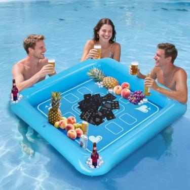 Imagem de Mesa flutuante de jogos de sinuca, mesa inflável de 101,6 cm x 101,6 cm com cartas de baralho à prova d'água, acessórios de piscina, bandeja de banheira de hidromassagem, suporte de comida e bebida