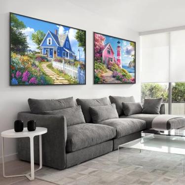 Imagem de VAIIEYO 1 kit de arte de diamante para adultos, farol de pintura de diamante, flor de casa de campo, kit de pintura de diamante, tela de artesanato de strass redonda para decoração de parede de casa