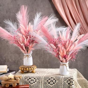 Imagem de Geelin Conjunto de 2 conjuntos de decorações de Gypsophila de grama sintética rosa rosa rosa de seda com flores secas e hálito de bebê com buquês de vaso presentes para mesa de mesa de centro de mesa