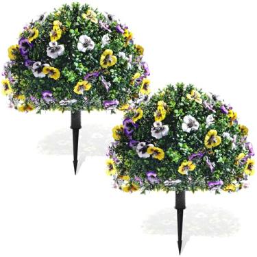 Imagem de Yunlly Conjunto de 2 folhas artificiais de camélia com flores de amor-perfeito falsas, bola topiária de 45,7 cm, amores-perfeitos de seda colorida para plantas ao ar livre, resistência aos raios UV