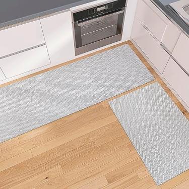 Imagem de Jogo Tapete Cozinha 2 peças Passadeira Emborrachada 1,30m x 45cm Capacho Antiderrapante 65cm x 45cm Decoração Chevron Rústico Cinza Artesanal 100% Algodão