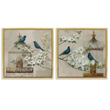 Imagem de Stupell Industries Conjunto de 2 peças Spring Bluebirds Menagerie com moldura dourada de Elaine Vollherbst, 63 x 63 cm