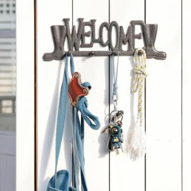 Imagem de Sungmor Porta-chaves de ferro fundido para parede - Ganchos de chave rústicos montados na parede - Organizador de chaves decorativo com 4 ganchos para chaves de carro, guia, avental - Porta-chaves para entrada, porta da frente e cozinha