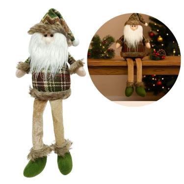 Imagem de Papai Noel Decorativo Natal Pelúcia Sentado Perna Mole Xadrez Verde e Champanhe Crochê 40cm