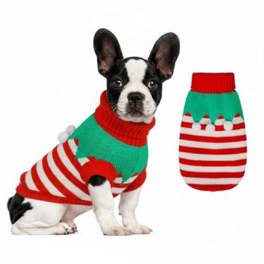 Imagem de Suéter de malha para cães pequenos a grandes, meninos e meninas, suéteres clássicos de Natal para cães de gola rolê, roupas quentes e macias para animais de estimação para o inverno (listras de Papai