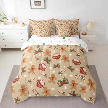 Imagem de Feelyou Conjunto de cama masculino de gengibre, 7 peças, para crianças, solteiro, Natal, biscoitos, decoração de quarto de feliz Natal, floco de neve, cama em uma bolsa com edredom, lençóis, fronhas,
