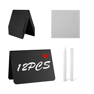Imagem de Pacote com 12 mini placas de quadro-negro para alimentos, conjunto de etiquetas de alimentos reutilizáveis para buffet de festa, casamento, suportes de exibição de alimentos, placas de mesa reservadas com marcador de giz à base de água e pano de limpeza