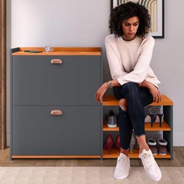 Imagem de Sapateira Basculante 2 Gavetas com Banco 21 Pares – Móvel Organizador Multiuso para Hall de Entrada Sala e Quarto (Cinza/Cinamomo)