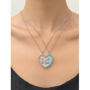 Imagem de 2 peças, colar com pingente de borboleta em forma de coração rosa azul zircão decorativo acessórios modernos personalidade criativa temperamento colares joias presente para amigos
