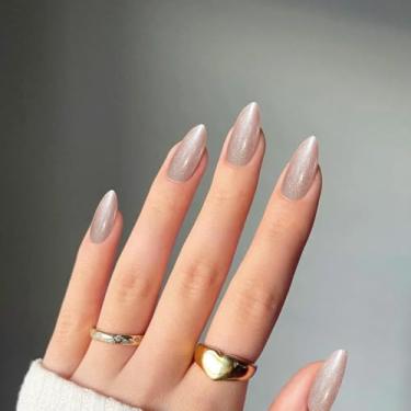 Imagem de Conjunto de unhas postiças em forma de amêndoa com efeito olho de gato com cola, comprimento médio, glitter (pó dourado fluorescente, F)