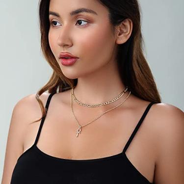 Imagem de 2 peças elegantes de ouro delicado em camadas para mulheres, corrente fígaro banhada a ouro 14 K, colar personalizado com pingente de cruz, joias para presente de aniversário, Medium, Latão, Sem Pedra