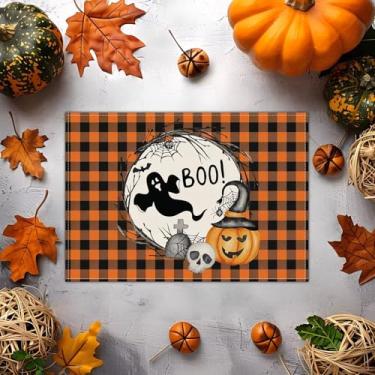 Imagem de Jogo americano de Halloween 29 x 43 cm – Design de outono com fantasma engraçado, texto boo e abóbora, tapete de jantar lavável resistente ao calor para cozinha, mesa de centro, decoração de festa