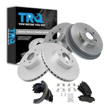 Imagem de TRQ Pastilha de freio dianteiro e traseiro e rotor, kit de sapata e tambor cerâmica revestida com G premium compatível com Subaru Forester 1998-2002