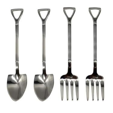 Imagem de 4 peças de colher e garfo em forma de pá, 12 cm, 18/10 (304), aço inoxidável, café, açúcar, mini sorvete, garfos de frutas para festa em casa, bistrô, coquetel, degustação, aperitivo