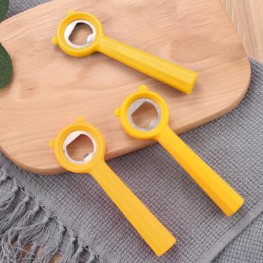 Imagem de Pacote com 3 abridores de garrafa planos amarelos, abridor de pote de cerveja, abridor de lata de refrigerante com aço inoxidável resistente e alça de plástico antiderrapante