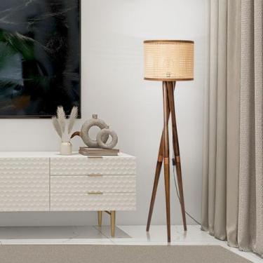 Imagem de Luminária Piso Irlanda Decorativa Para Leitura Tripé Madeira Ratan Est