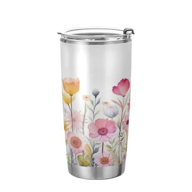 Imagem de xigua Copo de flores silvestres de jardim aquarela com tampa de palha, caneca de viagem a vácuo de parede dupla, caneca de café bem isolada, copo de aço inoxidável para bebidas quentes e frias, 600 ml