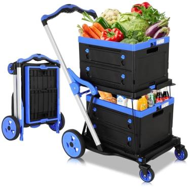 Imagem de Carrinho de compras dobrável com rodas, carrinho de compras com capacidade de 90 kg sobre rodas com caixa de armazenamento, carrinho de mão de plataforma com freio de pé
