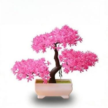 Imagem de Bonsai Artificial Nuvem com Folhas Rosa Vibrante - Vaso Decorativo Retangular Branco, Plantas Artificiais Decorativas para Decoração de Salar