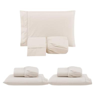 Imagem de Kit 3 Jogos de Lençol com Elástico e Fronhas Bordadas em Ponto Palito, 1 Casal Queen e 2 Solteiros, Micropercal 300 Fios, 100% Poliéster (CQS Versat/Palha)