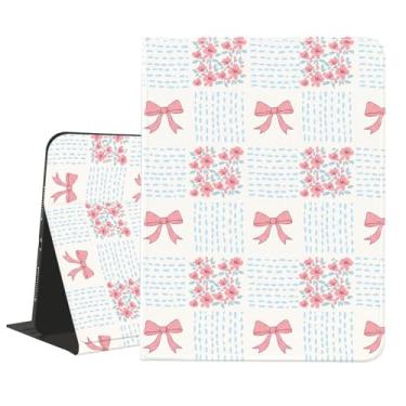 Imagem de AdorableWhimsy Linda capa com laço de flor para iPad 9ª/7ª/8ª geração (2021/2020/2019) 10,2 polegadas com suporte para lápis, laço estético, suporte fólio, capa de couro texturizado para tablet