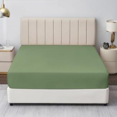 Imagem de Lençol King com elástico de 600 fios, algodão egípcio, tecido de cetim refrescante, bolsos profundos de 40,6 cm, elástico, macio, durável e respirável (verde sálvia)