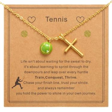 Imagem de Colar Pingente Esportivo Dourado, Colar Pingente Cruz Dourada Joia de Tema Esportivo com Cartão para Presente Aniversário Natal Dia dos Namorados Páscoa Batizado Formatura(Bola Tênis)