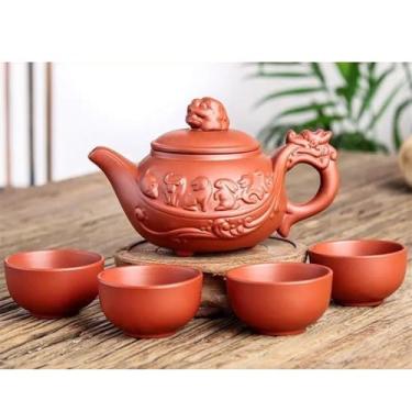 Imagem de Conjunto de chá da tarde conjunto chinês de 150 ml bules de cerâmica com 4 conjuntos de xícaras de chá feito à mão do zodíaco conjunto de chá para adultos (cor: B) (B)