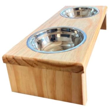Imagem de Comedouro Pet Elevado Duplo Gato E Cachorro 2 Tigelas Inox Madeira(Comedouro Duplo)
