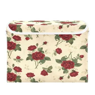 Imagem de Burbuja Caixa de armazenamento Red Roses com tampa e alças, grande caixa de armazenamento dobrável para prateleiras armário quarto escritório organizador