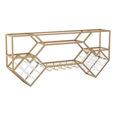 Imagem de Prateleira de vinho dourada montada na parede - Grande prateleira de barra de metal com luz LED, exibição criativa de garrafa de licor e suporte de taça de vinho, design industrial flutuante que