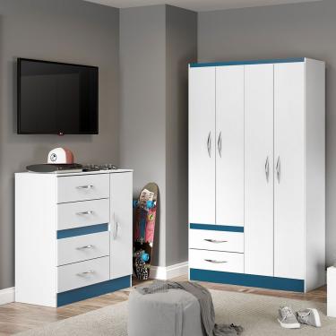Imagem de Kit Completo Para Quarto Infantil Guarda-roupa E Cômoda Menu Móveis Branco/azul