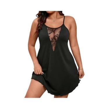 Imagem de Camisola Feminina plus Size Em Cetim Preto Com Renda E Alças Finas, Li