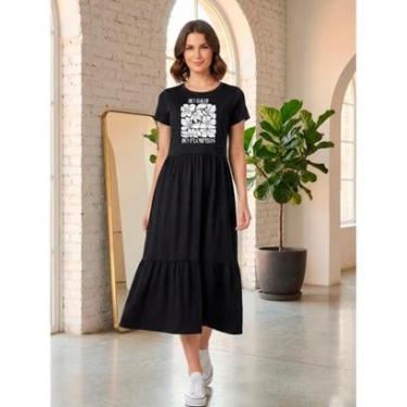 Imagem de Vestido Midi Três Marias Feminino Aveloz Estampa No Rain No Flowers Preto-Feminino