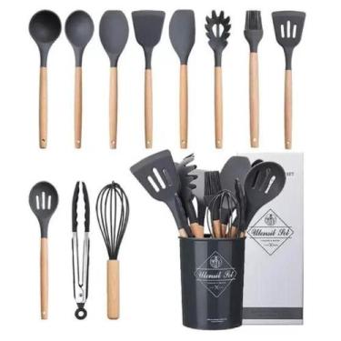 Imagem de Kit 12 Utensilios De Cozinha Preto Em Silicone Antiaderente - AQUILAE