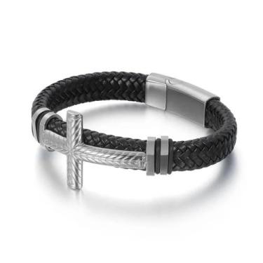 Imagem de Bracelete Pulseira Masculina Couro Luxuoso Religião Cruz - VINKIN