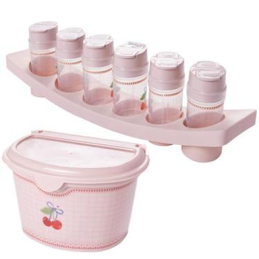 Imagem de Kit porta temperos com suporte e saleiro rosa Plasutil