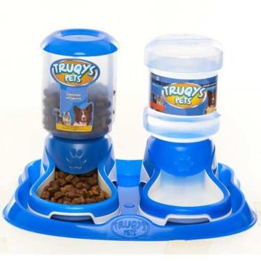 Imagem de Kit Comedouro E Bebedouro Cães E Gatos - Azul - Com Bóia
