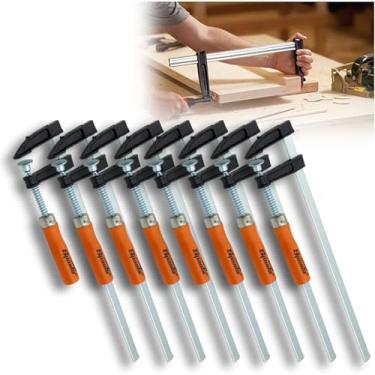Imagem de Kit 8 Grampo Sargento Tipo F 12pol 30cm 63kg Ajuste Aperto Rápido Descerrar c/Cabo de Madeira P/Carpinteiro Marceneiro Fixação de Peças e Móveis 250x50x300mm